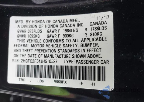 2018 Honda Civic Lx из США, поврежденный, VIN 2HGFC2F54JH510527